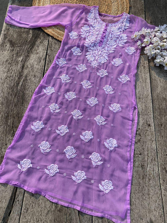 Lavendar 🌹 Georgette Rose Keel Long Kurtis 🌹 Inner included - Inayakhan Shop 