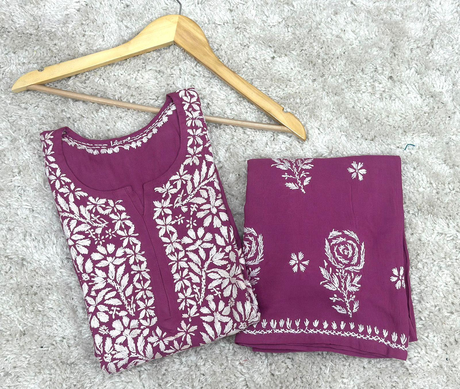 Lavendar Lucknowi Splendor: Rayon Embroidered Kurti and Palazzo Set - Inayakhan Shop 