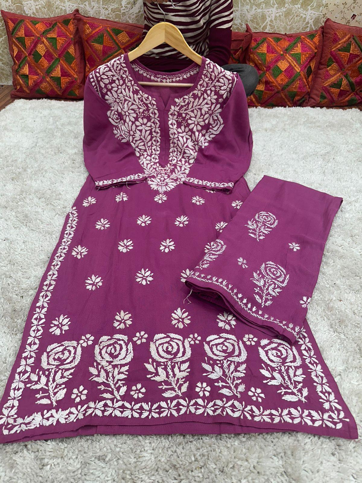 Lavendar Lucknowi Splendor: Rayon Embroidered Kurti and Palazzo Set - Inayakhan Shop 