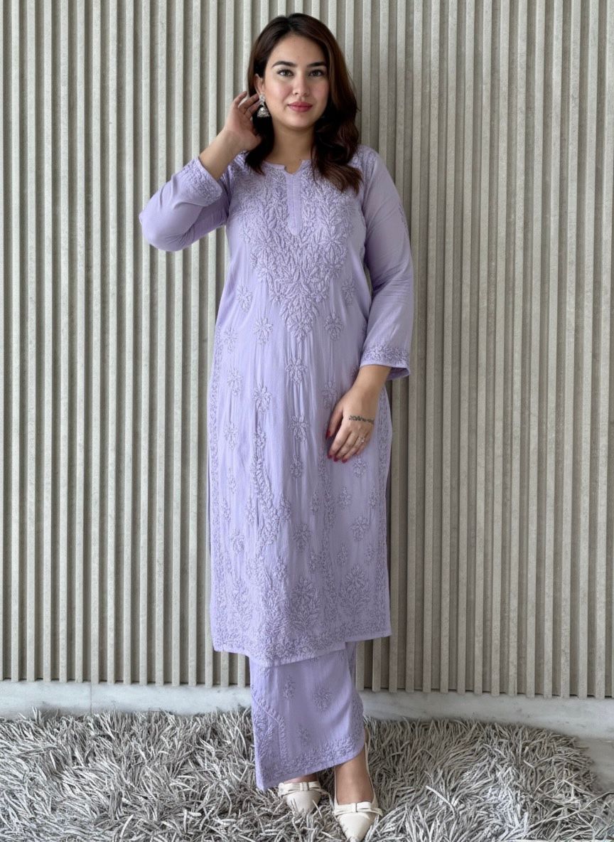 Lavendar Plus Size Lucknow Chikankari Modal Kurti with Palazzo Set