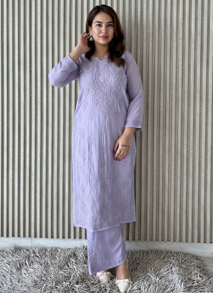 Lavendar Plus Size Lucknow Chikankari Modal Kurti with Palazzo Set