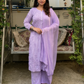 Lavendar 3D Lucknow Chikankari Modal Kurta Palazzo & Dupatta Set