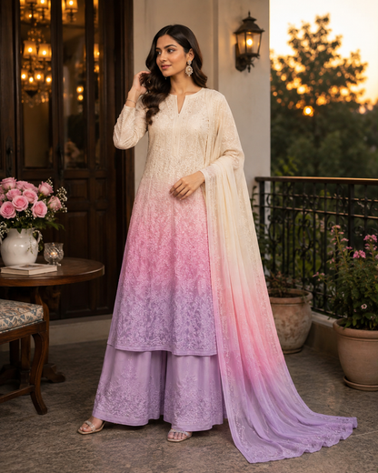 Blush Lavendar Viscose Resham Mukesh Jaal Kurti Palazzo Set with Dupatta