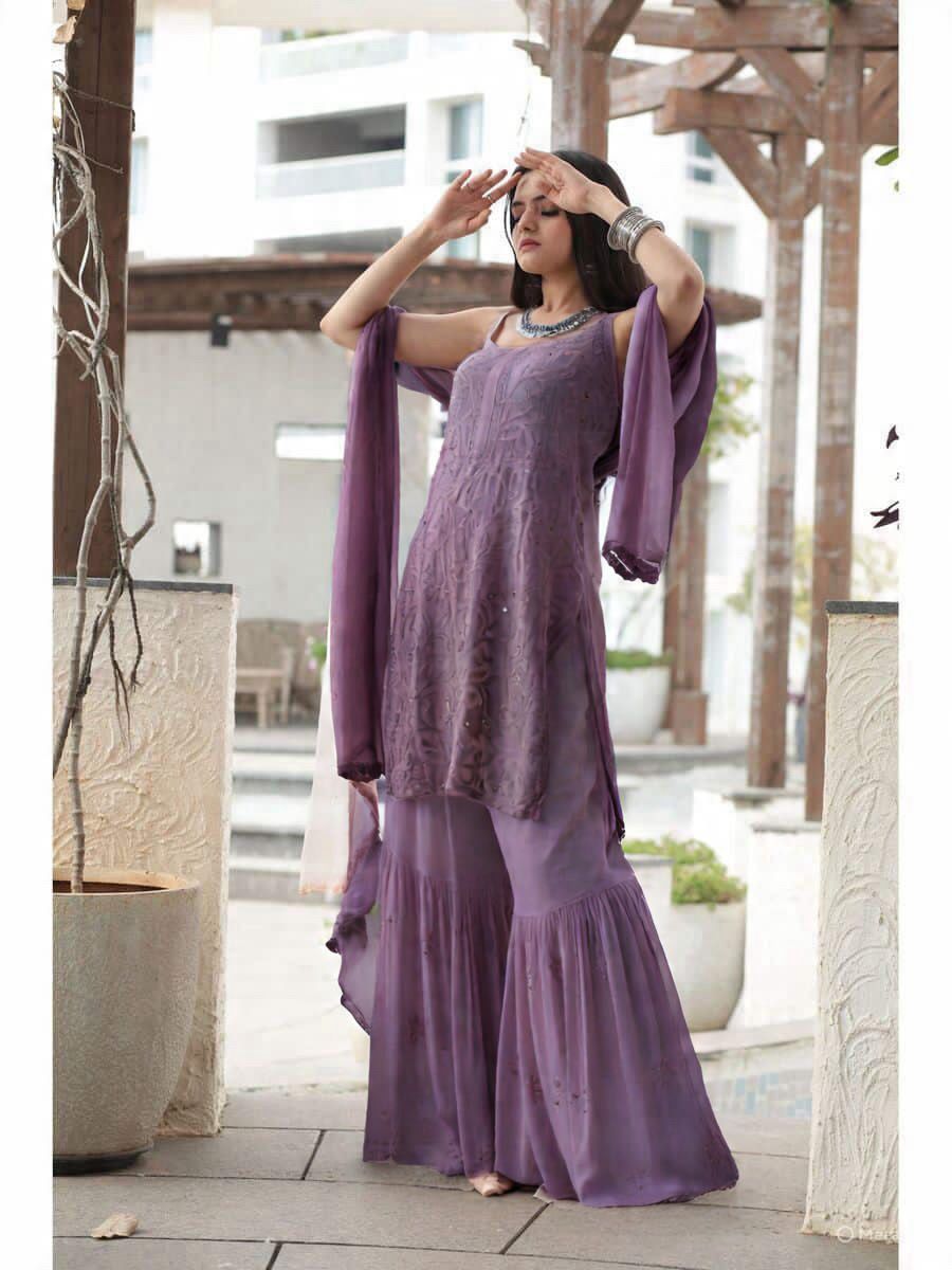 Lavendar Handcrafted Lucknow Chikankari Strappy Gharara Set (New)