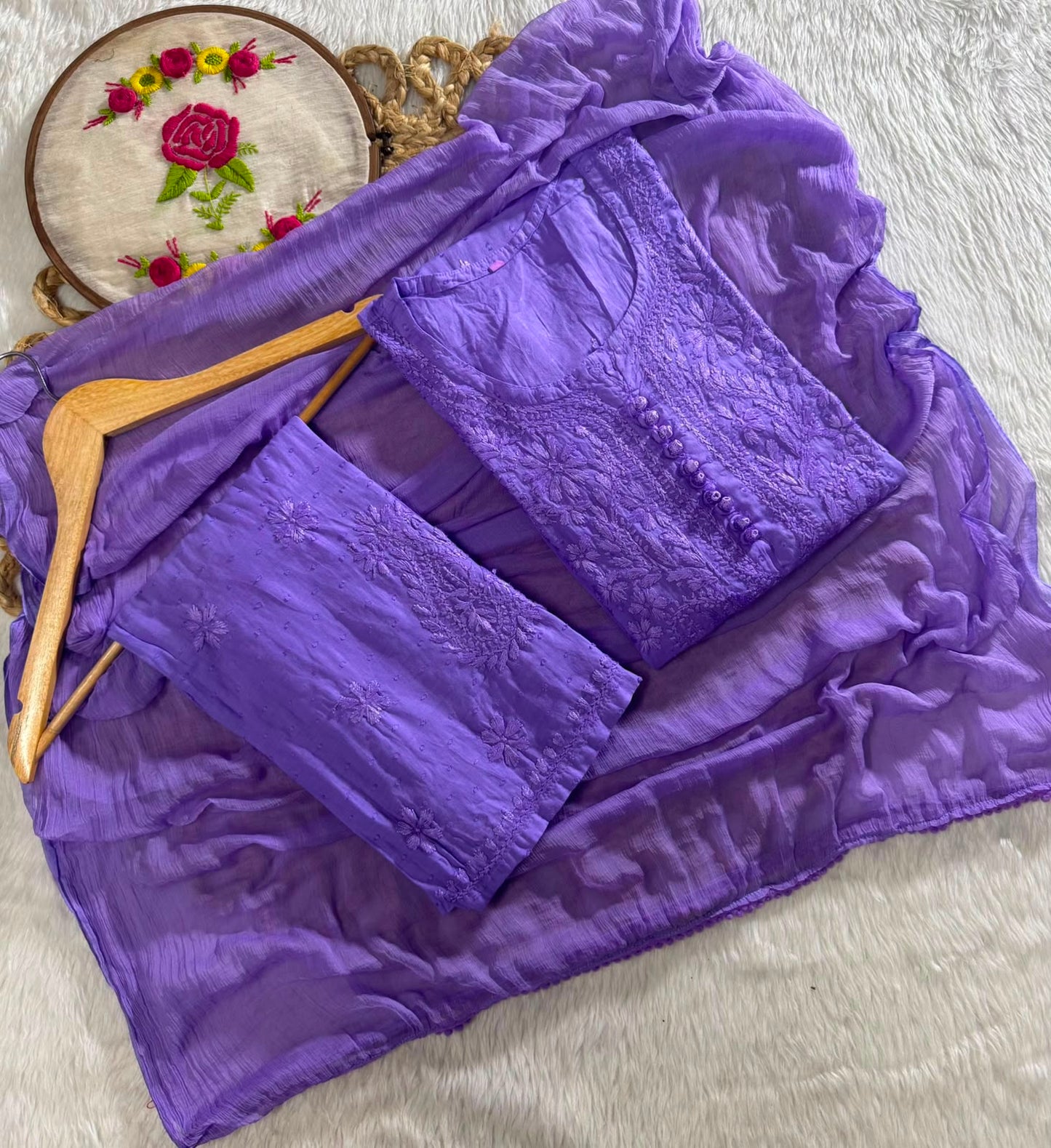 Lavendar Dobby Cotton Chikankari Kurti Palazzo Dupatta Set – Plus Size