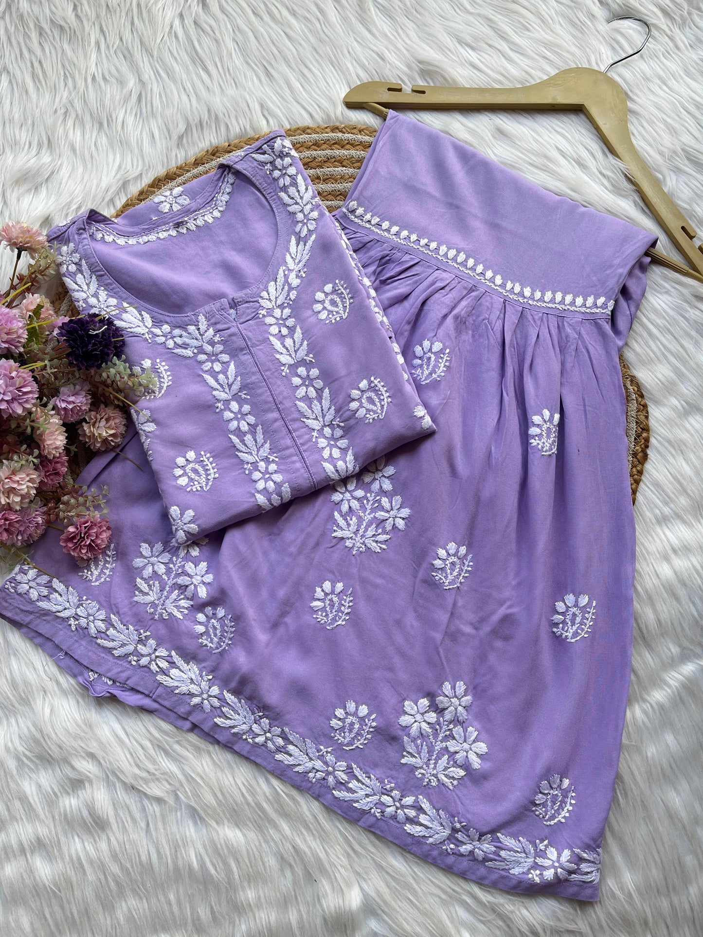 Lavendar Premium Kurti & Gharara Co-ord Set – Lucknow Chikankari Handwork