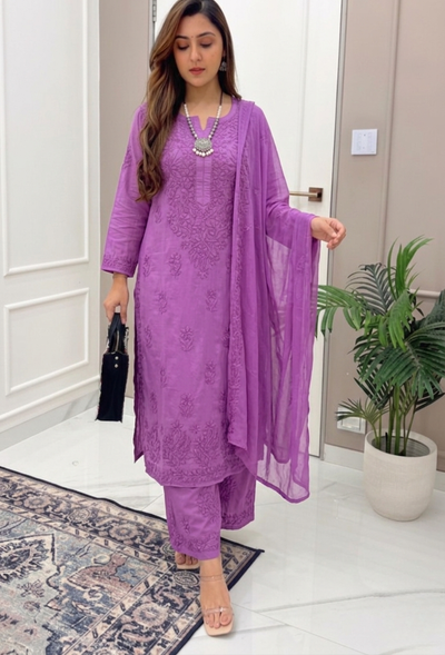 Lavendar Pink Ethereal Dyeable Modal Chikankari Kurta Set (New)