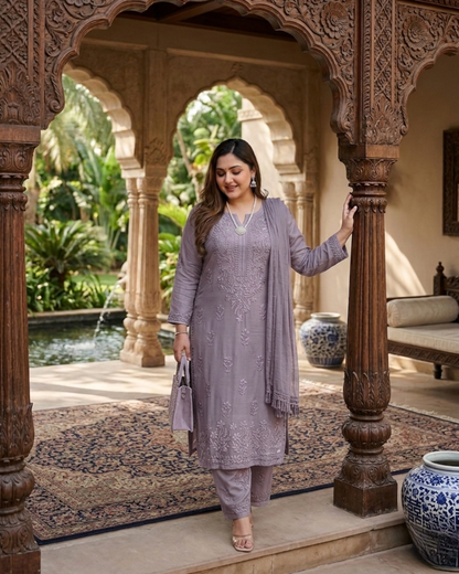 Value Combo Black & Lavendar Grey 3 pc Chikankari Sets Plus Sizes