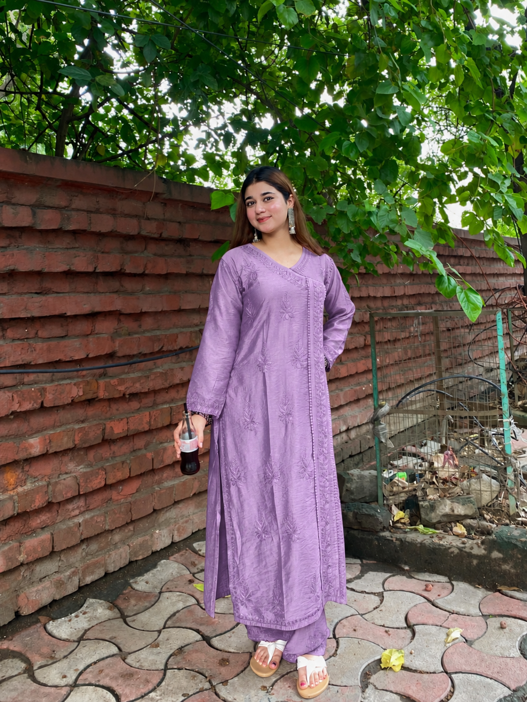 Premium Lavendar Chanderi Silk Lucknow Chikankari Kurti & Lace Pant Set (NEW)