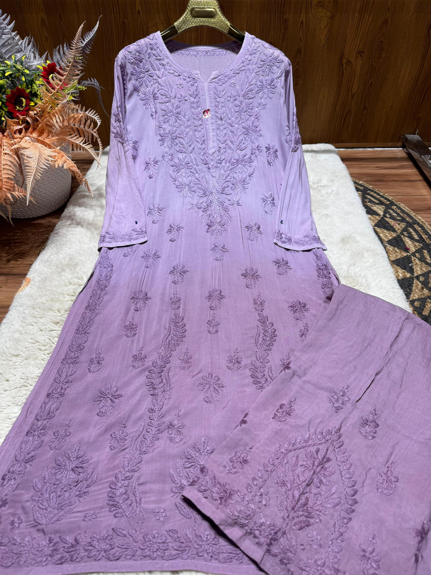 Lavendar Plus Size Lucknow Chikankari Modal Kurti with Palazzo Set