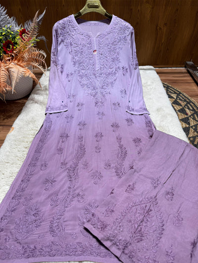 Lavendar Plus Size Lucknow Chikankari Modal Kurti with Palazzo Set