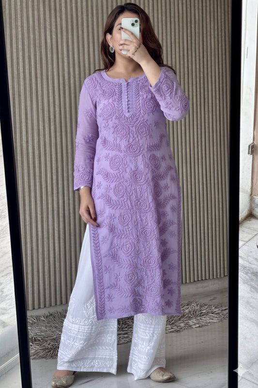Lavendar Lucknowi Chikankari Rose Viscose Georgette Kurta Set