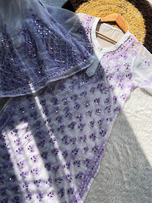 Lavendar Premium Lucknowi Chikankari Spray Printed Mirror Set with Dupatta