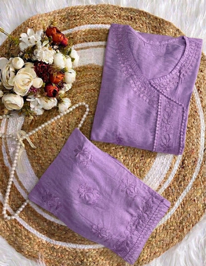 Premium Lavendar Chanderi Silk Lucknow Chikankari Kurti & Lace Pant Set (NEW)