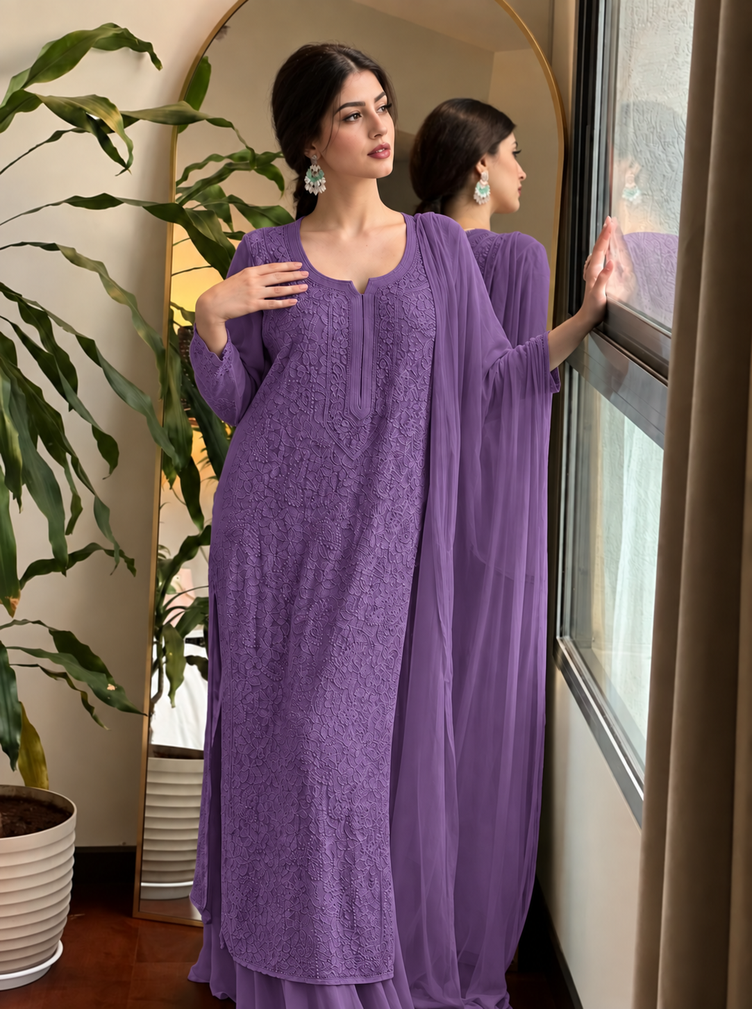 Premium Lavendar Purple Resham Viscose Jaal Kurti, Palazzo & Dupatta Set (New)