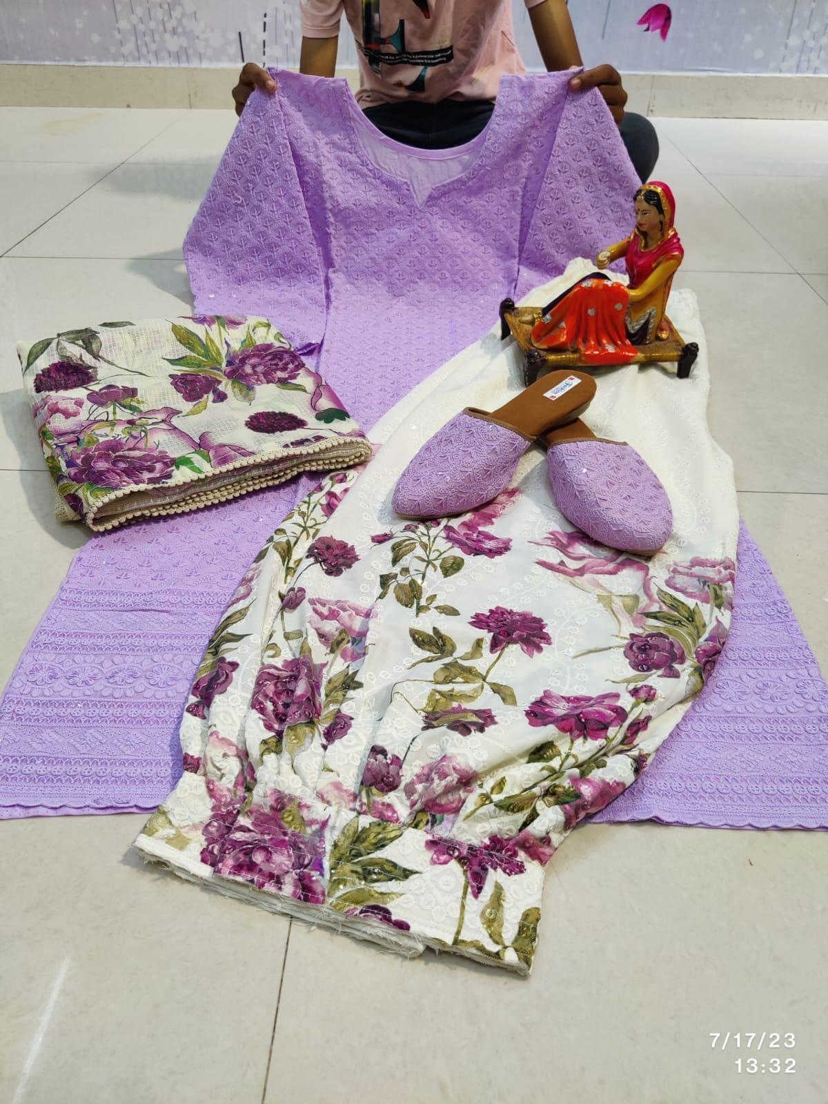 Lavender Purple Cotton Phulkari Suit: Afghani Salwar and Digital Print Dupatta - Inayakhan Shop 