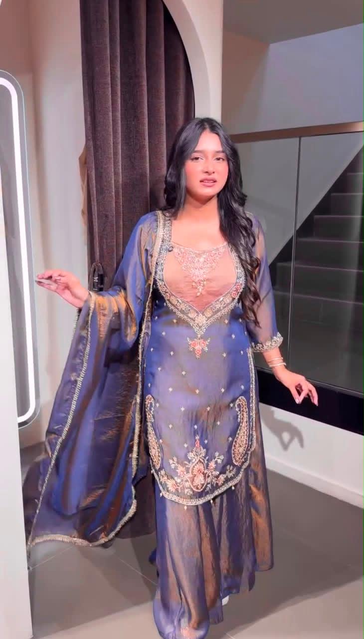 Lavender purple NC Moss embroidered palazzo suit with dupatta on model