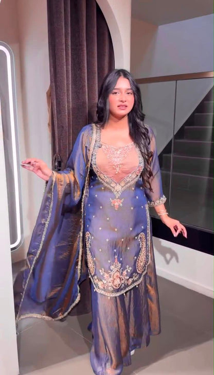 Lavender purple NC Moss embroidered palazzo suit with dupatta on model