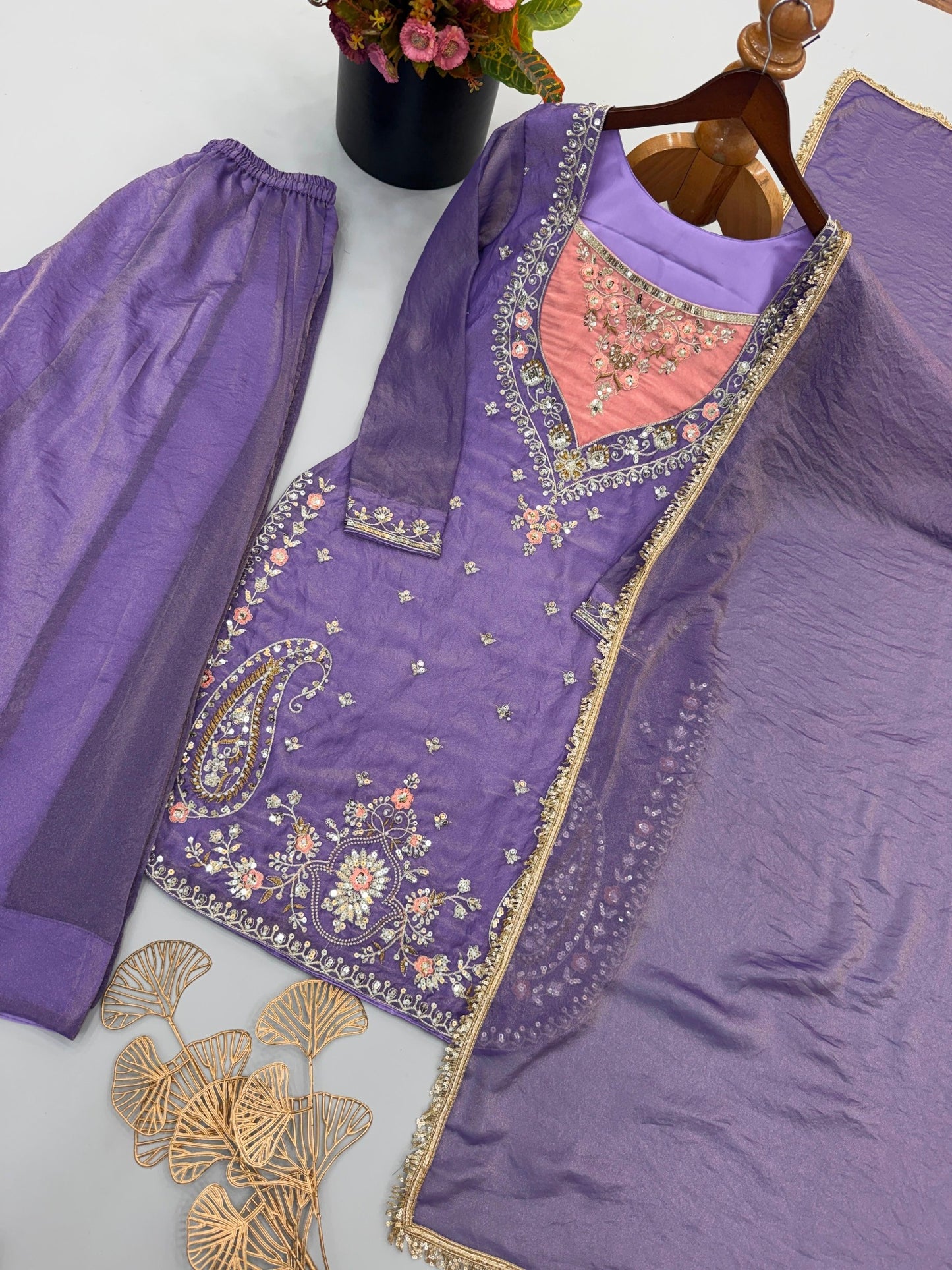 Lavender purple NC Moss top palazzo and dupatta three-piece set