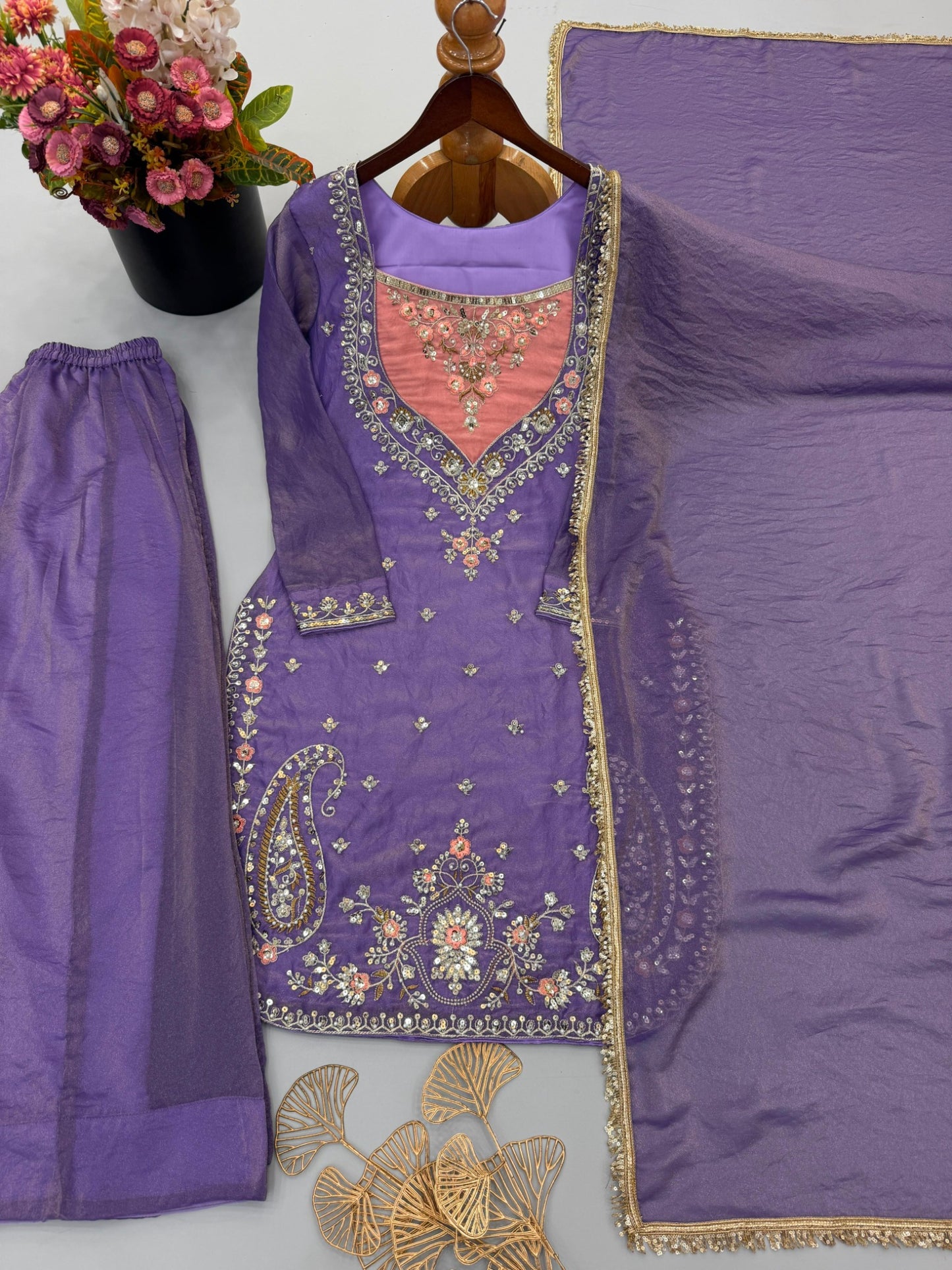 Lavender purple and peach embroidered NC Moss palazzo set flat lay
