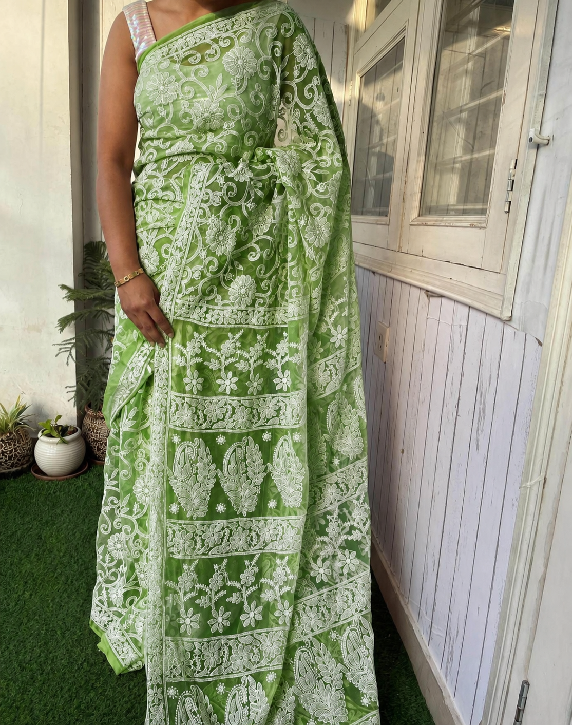 Leaf Green Color Full Jaal Chikankari Saree by Inayakhan (New)