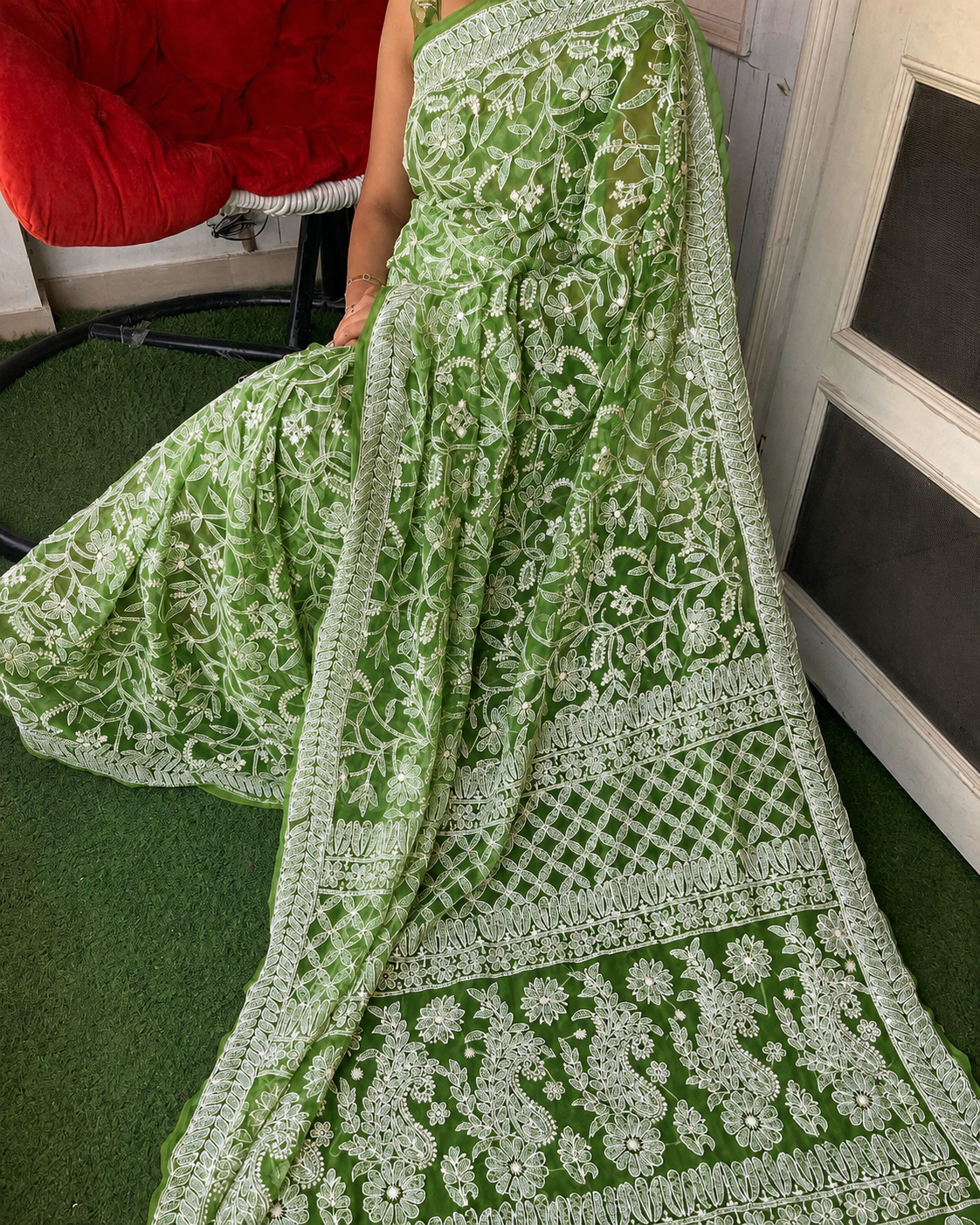 Leaf Green Color Full Jaal Chikankari Saree by Inayakhan (New)