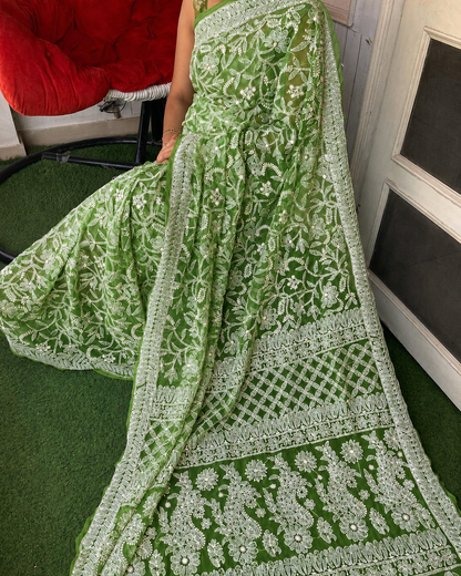 Leaf Green Color Full Jaal Chikankari Saree by Inayakhan (New)