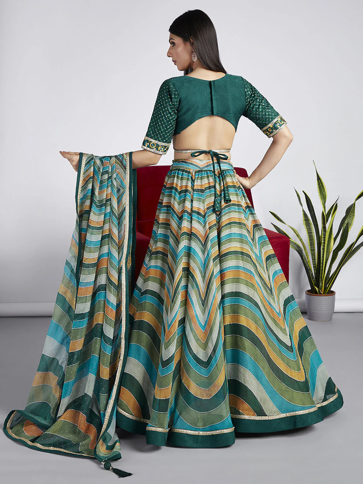 Green Organza Leheriya Bridesmaid & Wedding Guest Lehenga Choli with Swarovski Stone Work