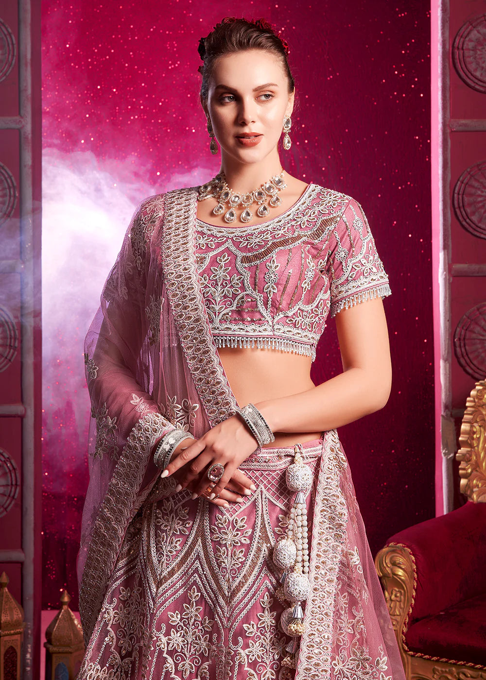 Pink Bridal Bridesmaid Wedding Lehenga Choli Set with Zari & Sequins