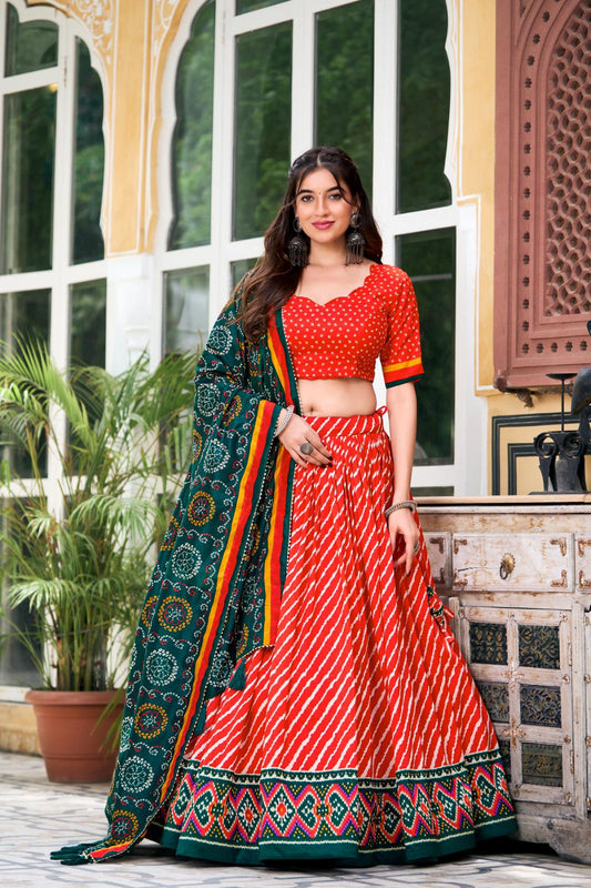 Orange Elegant Leheriya Print Tussar Silk Garba Navratri Lehenga Choli