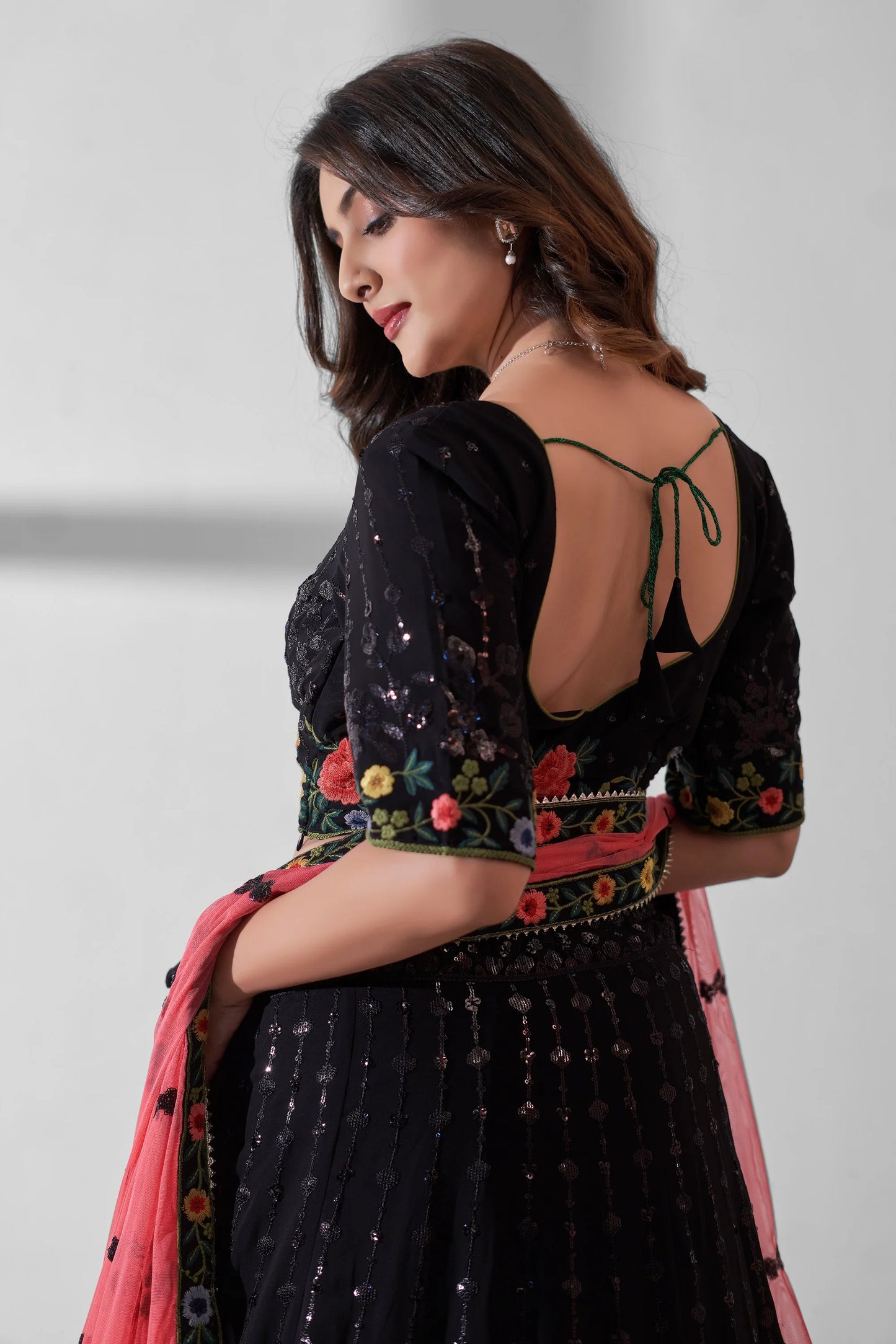 Black Georgette Floral Embroidered Wedding Guest Lehenga Choli with Net