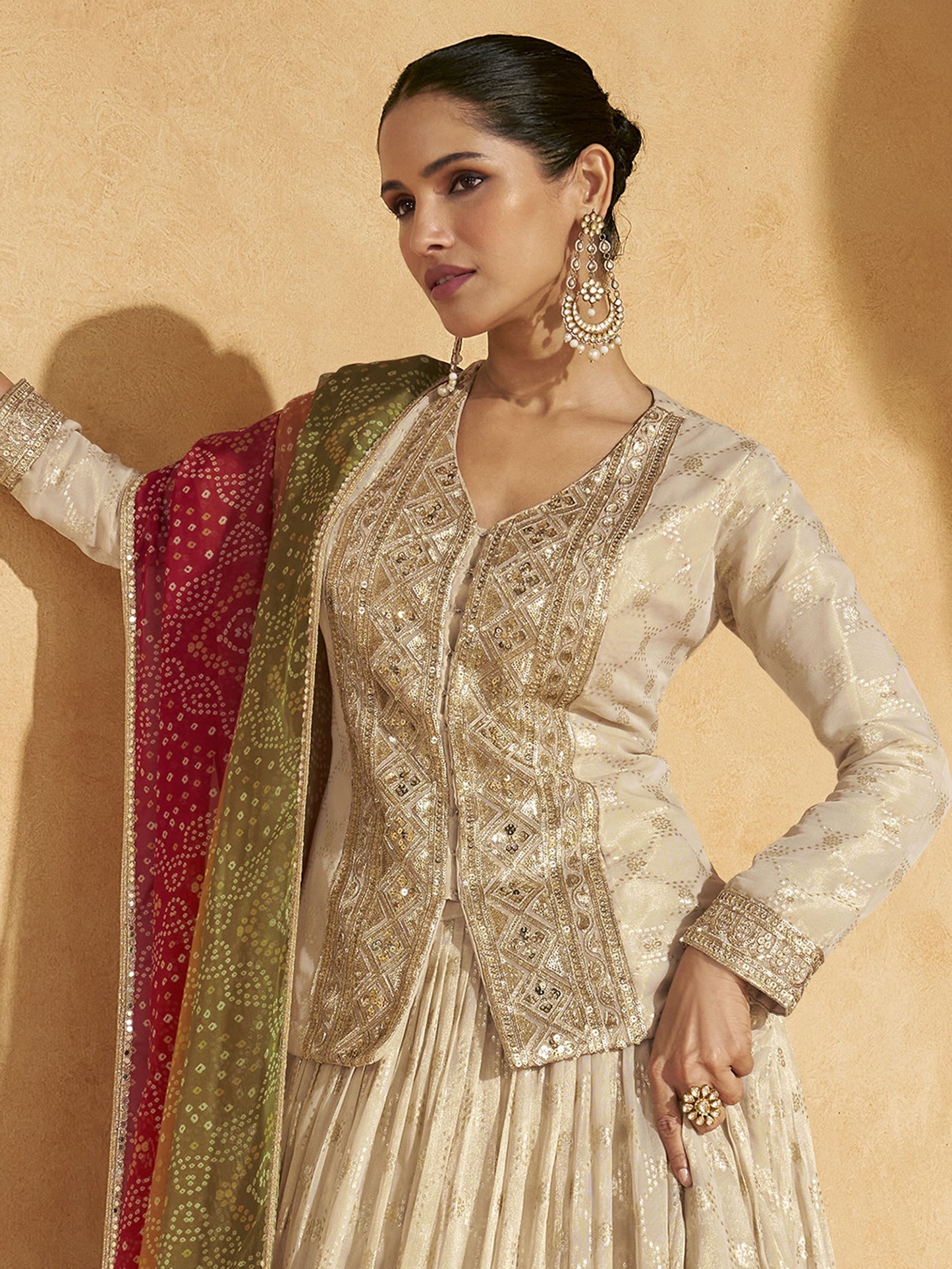 Elegant Cream Sequins Silk Lehenga with Long Blouse for Wedding Wear