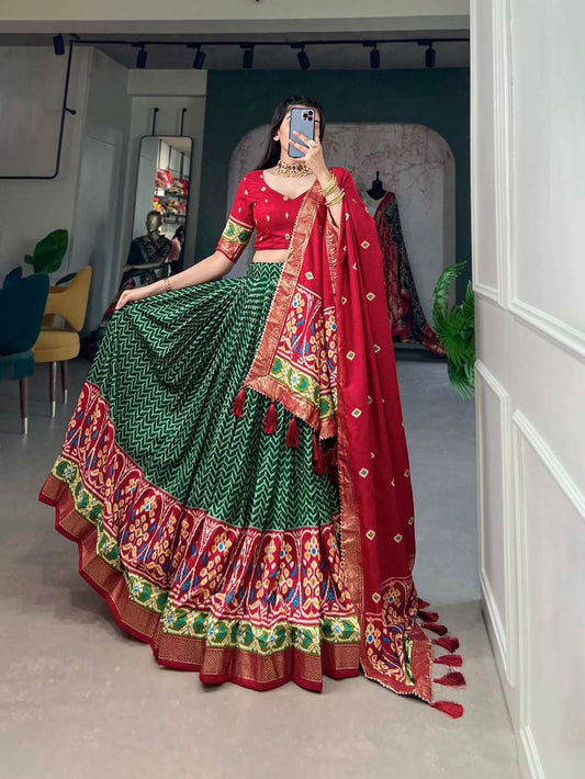 Green and Red Radiant Reverie Tussar Silk Navratri Garba Ghagra Choli