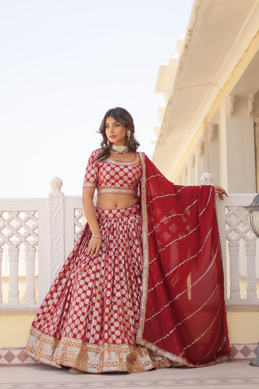 Red Designer Pure Viscose Jacquard Bridesmaid Party Lehenga Choli & Dupatta Set