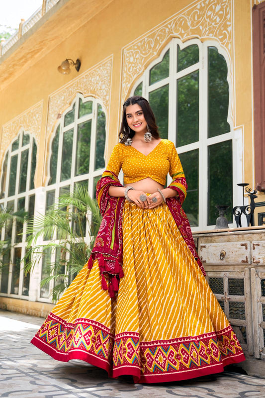 Mustard Elegant Leheriya Print Tussar Silk Garba Navratri Lehenga Choli