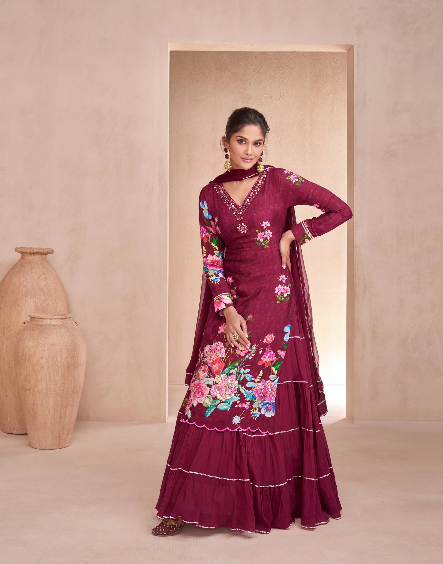 Maroon Elegant Party Wear Muslin Lehenga Suit with Dupatta