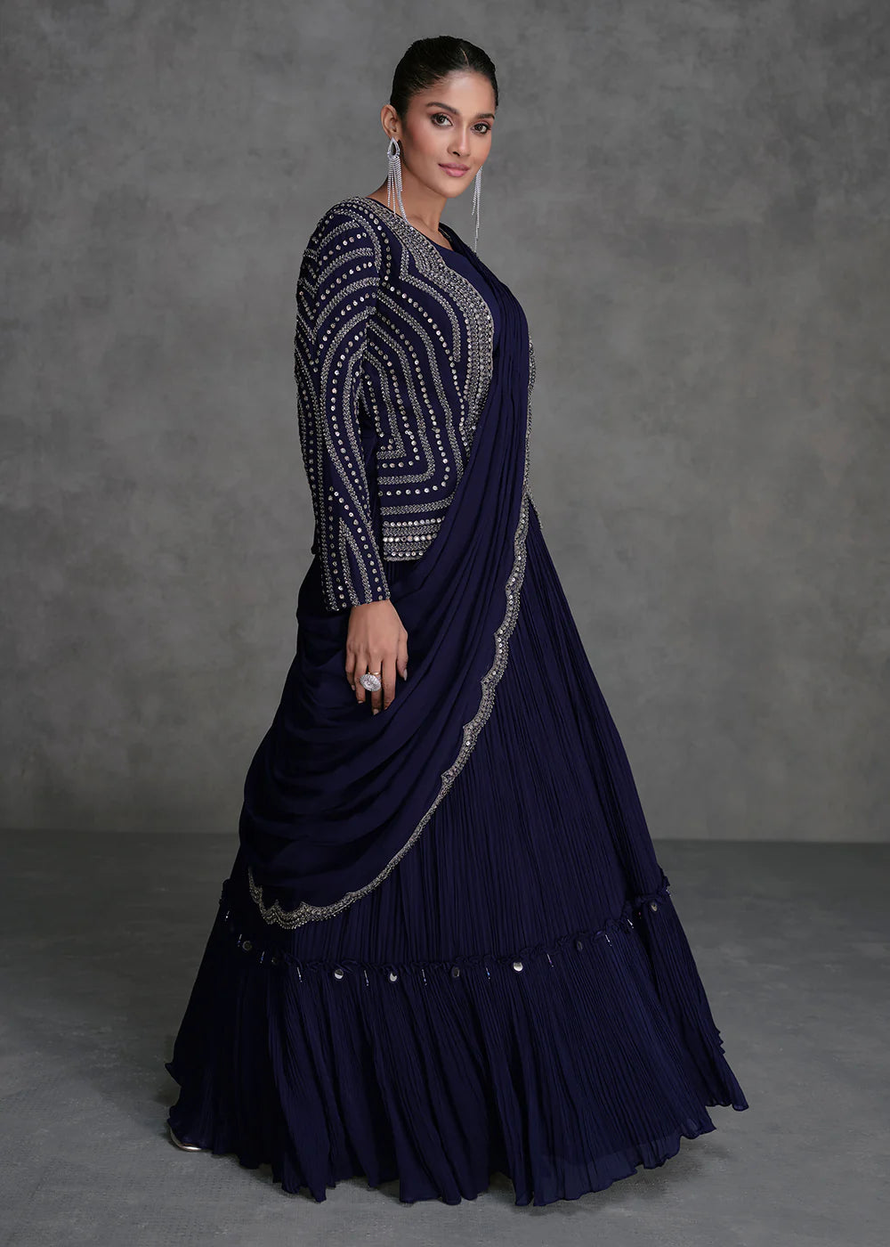 Navy Blue Indo-Western Lehenga Choli with Embroidered Drape and Cancan Skirt