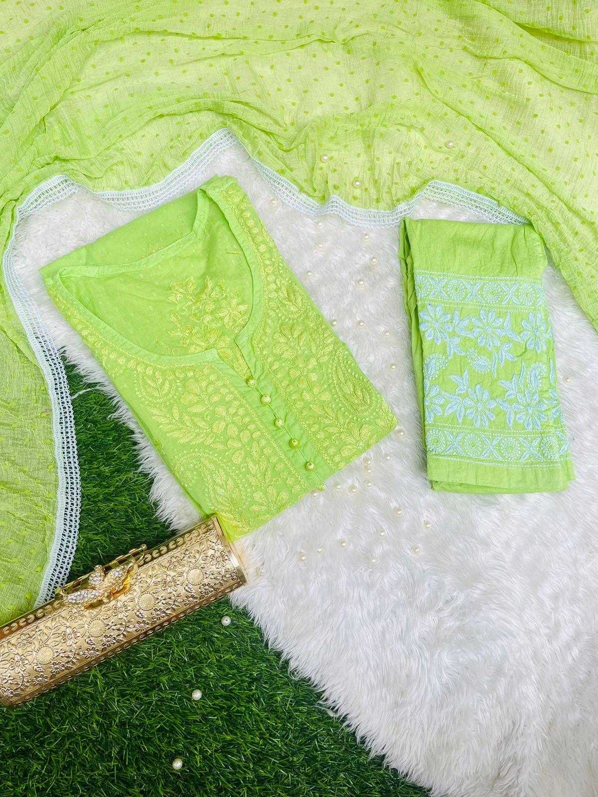 Lemon Green Chikankari Handwork Cotton Dyeable Set , Dobby Bundi Dupatta from Lucknow - Inayakhan Shop 