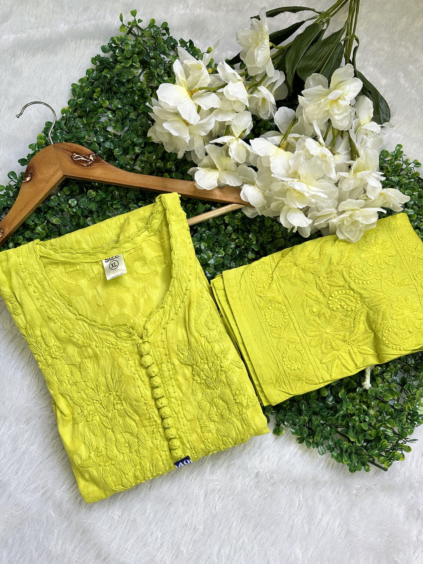 Lemon Green Radiant Brasso Elegance: Handwork Dyed Co-ord Set - Inayakhan Shop 