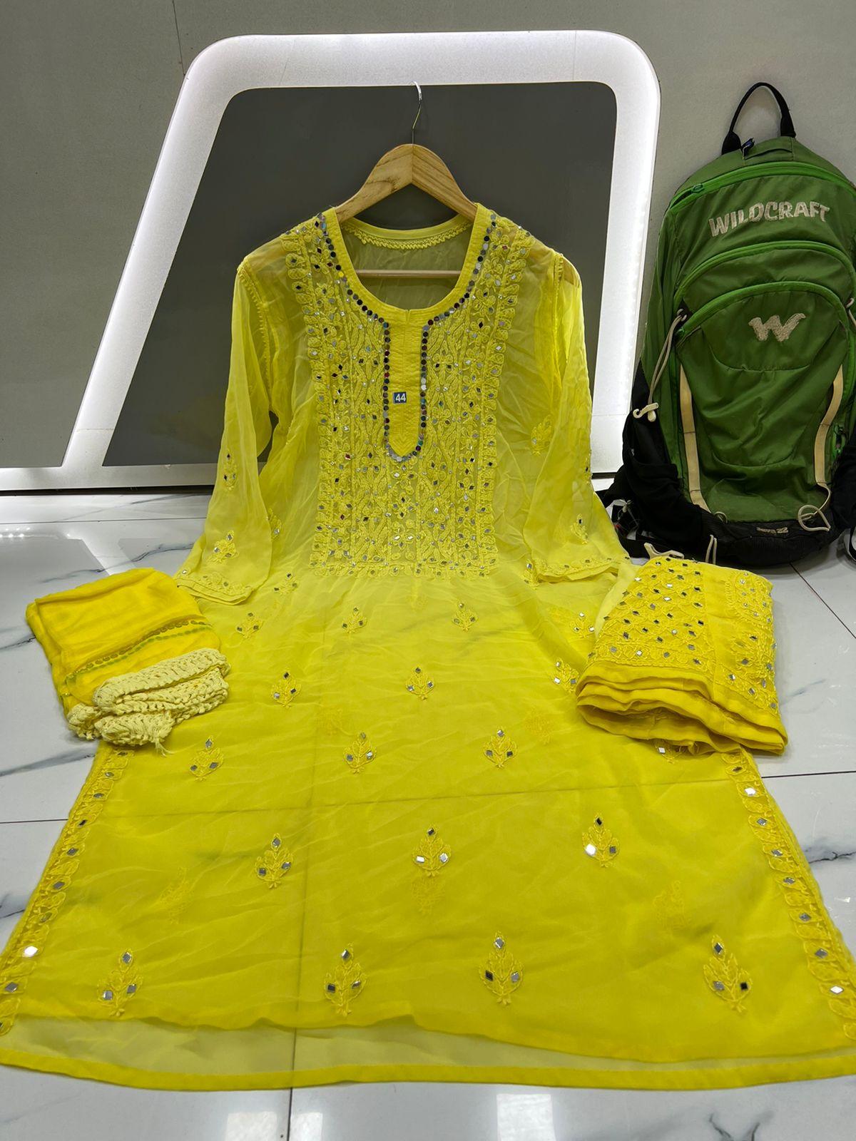 Lemon Yellow Dye Ombre Georgette Kurti Set With Sharara and Chiffon Dupatta(Inner Included) - Inayakhan Shop 