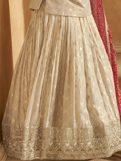 Elegant Cream Sequins Silk Lehenga with Long Blouse for Wedding Wear