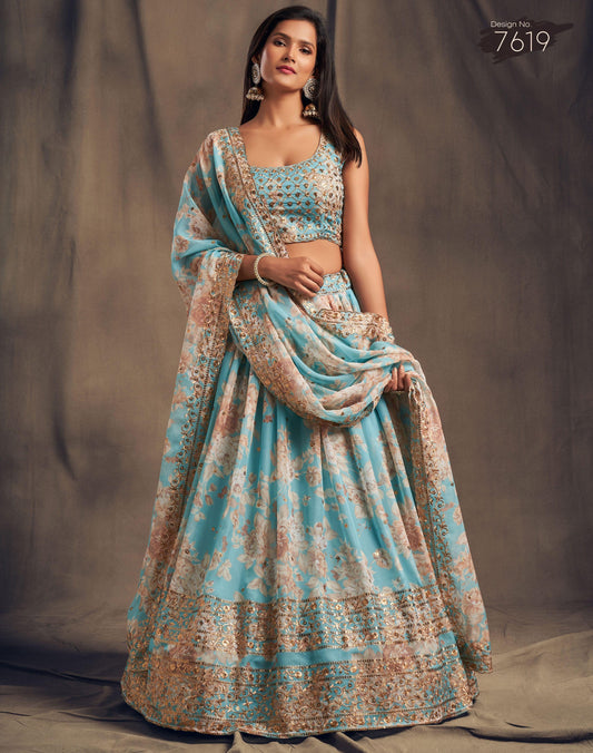 Light Blue Blossom Beauty Floral Custom Lehenga with Big Flair - Inayakhan Shop