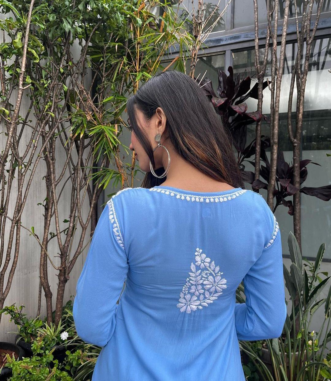 Light Blue Elegant Lucknowi Chikankari Cotton Kurti 3 pc Set - Inayakhan Shop 