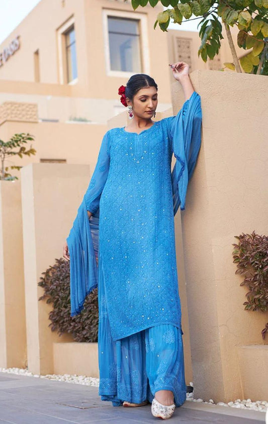 Light Blue Ethereal Viscose Bliss: Premium Heavy Jaal Work Viscose Plazzo Set - Inayakhan Shop 