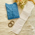 Light Blue Exclusive Dyeable Dobby Cotton Kurti with Ghaspatti Work Pant Set