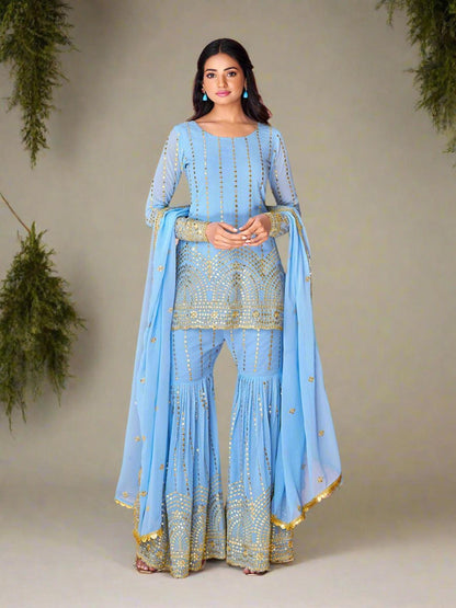 Light Blue Gharara Exclusive Set in Georgette with Embroidery work - Inayakhan Shop 