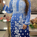 Light Blue Premium 3D Jasmine Maslin Kurti with White Pallazo (Limited Stock)