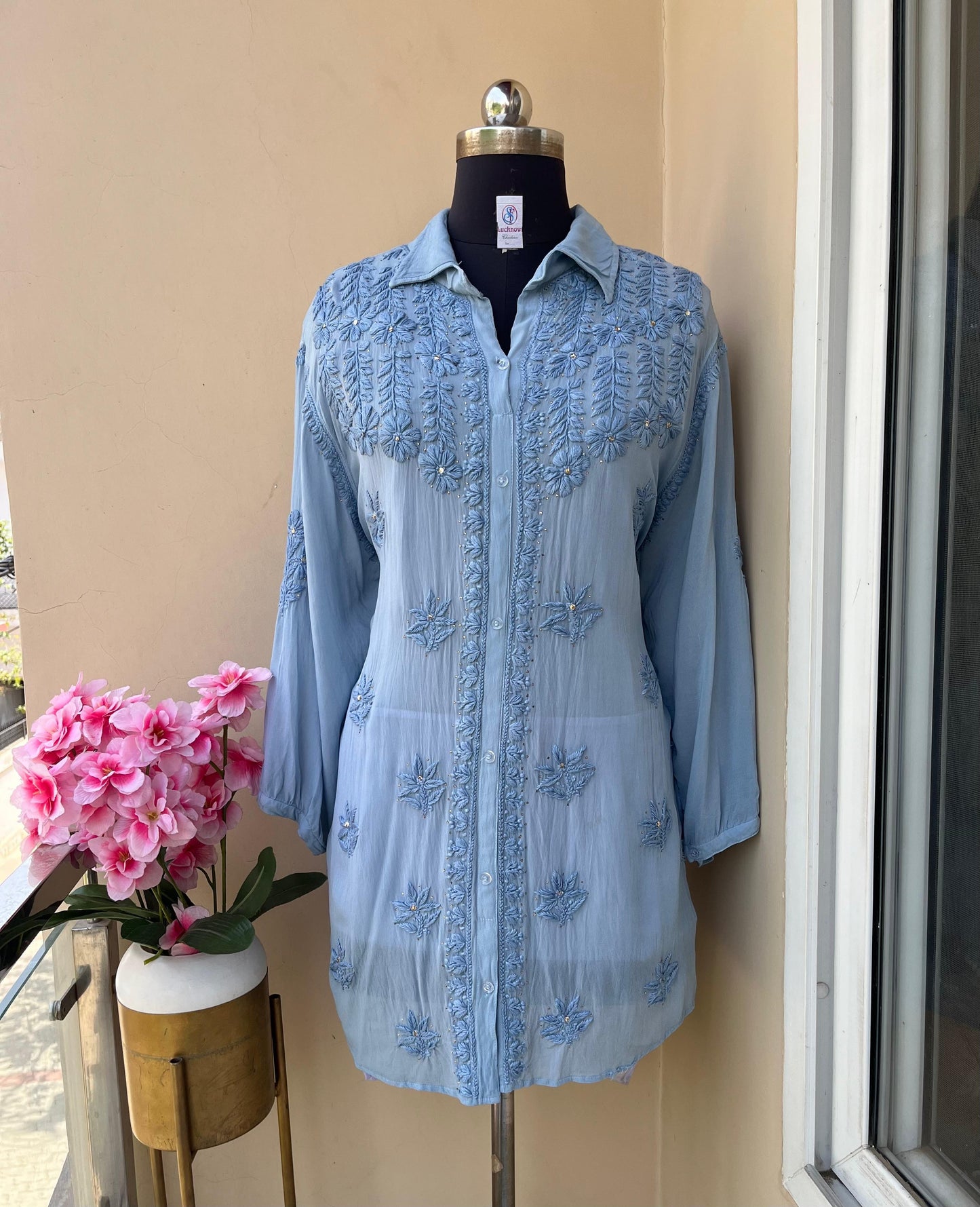 Light Blue Premium Viscose Chikankari and Mukesh Work Shirt Only Plus Sizes - Inayakhan Shop 