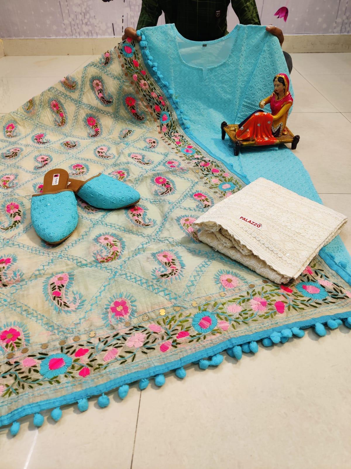 Light Blue Pure Cotton Phulkari Suit with Beautiful Handmade Mirror Work Shopping Online - Inayakhan Shop 