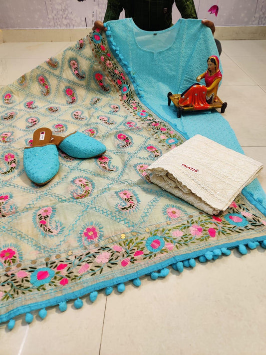 Light Blue Pure Cotton Phulkari Suit with Beautiful Handmade Mirror Work Shopping Online - Inayakhan Shop 